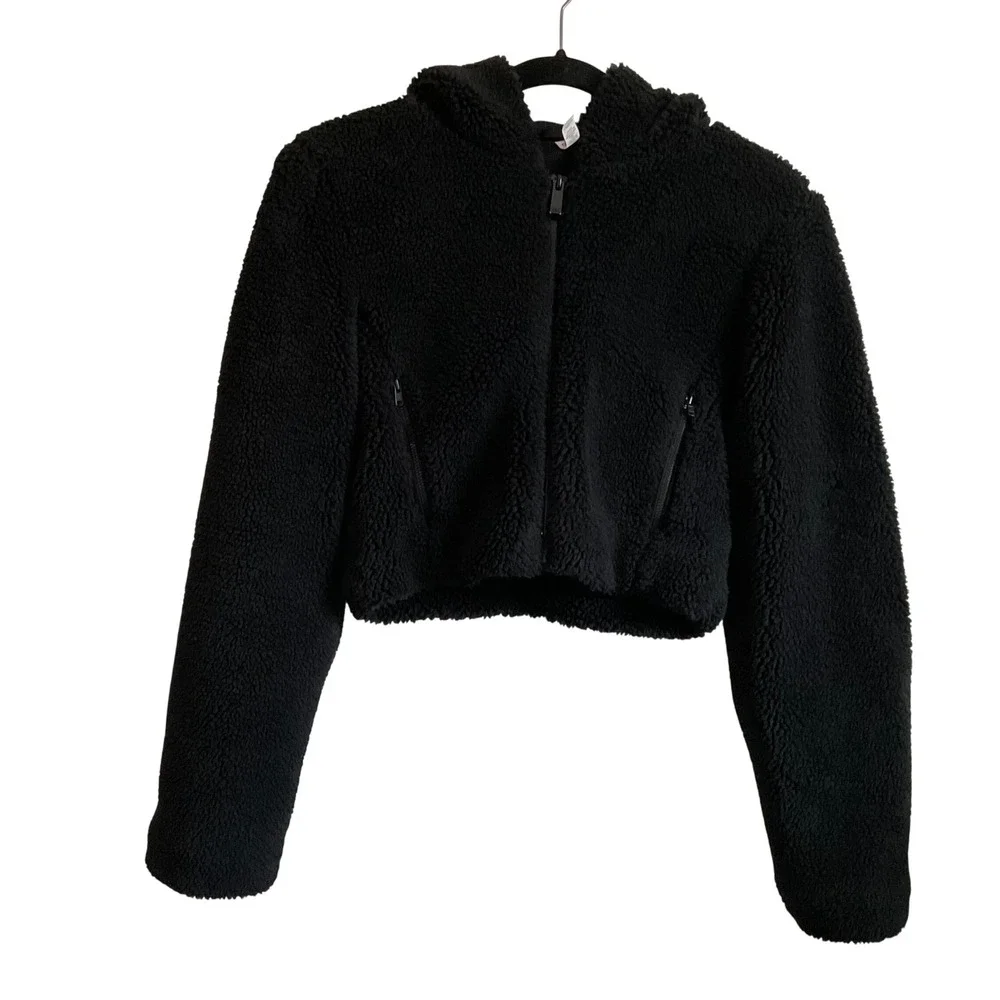 ALO Yoga Black LA Cropped Full Zip Sherpa Fleece Hooded Jacket - Size XS
